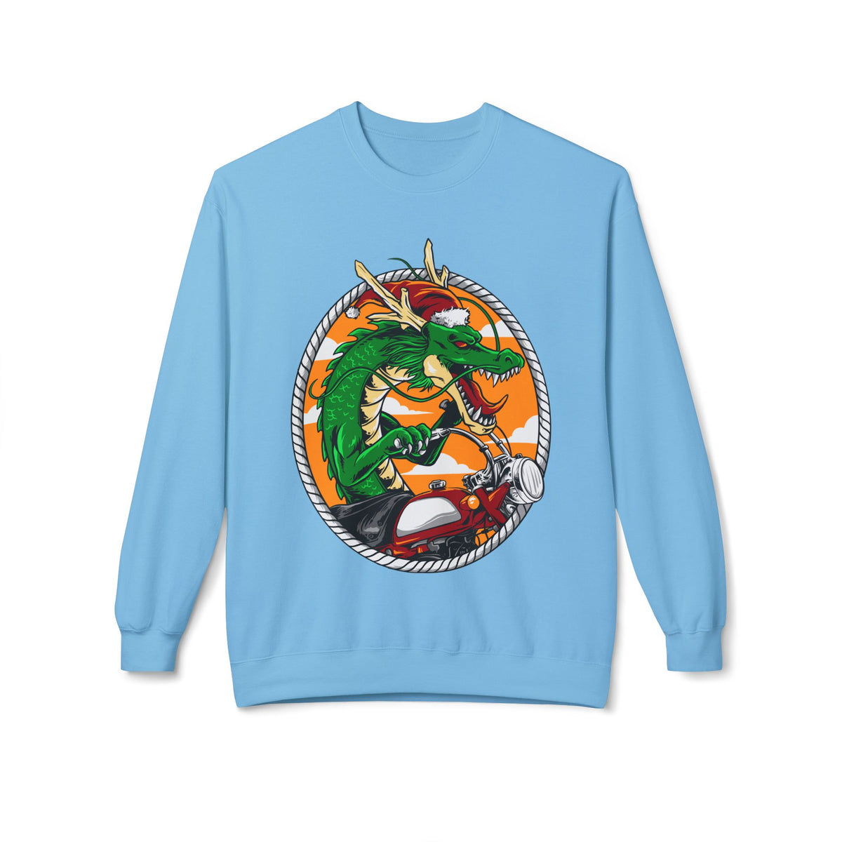 Dragon Santa Riding — Retro Green Dragon Surfing Crewneck Sweatshirt