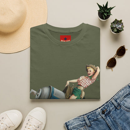 Banksy Pin-Up Cowgirl T-Shirt — Retro Pinup Girl Riding Soda Can Vintage Tee