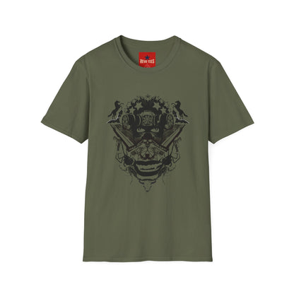 Skull Crown Graphic T-Shirt — Gothic Cat & Mask Illustration