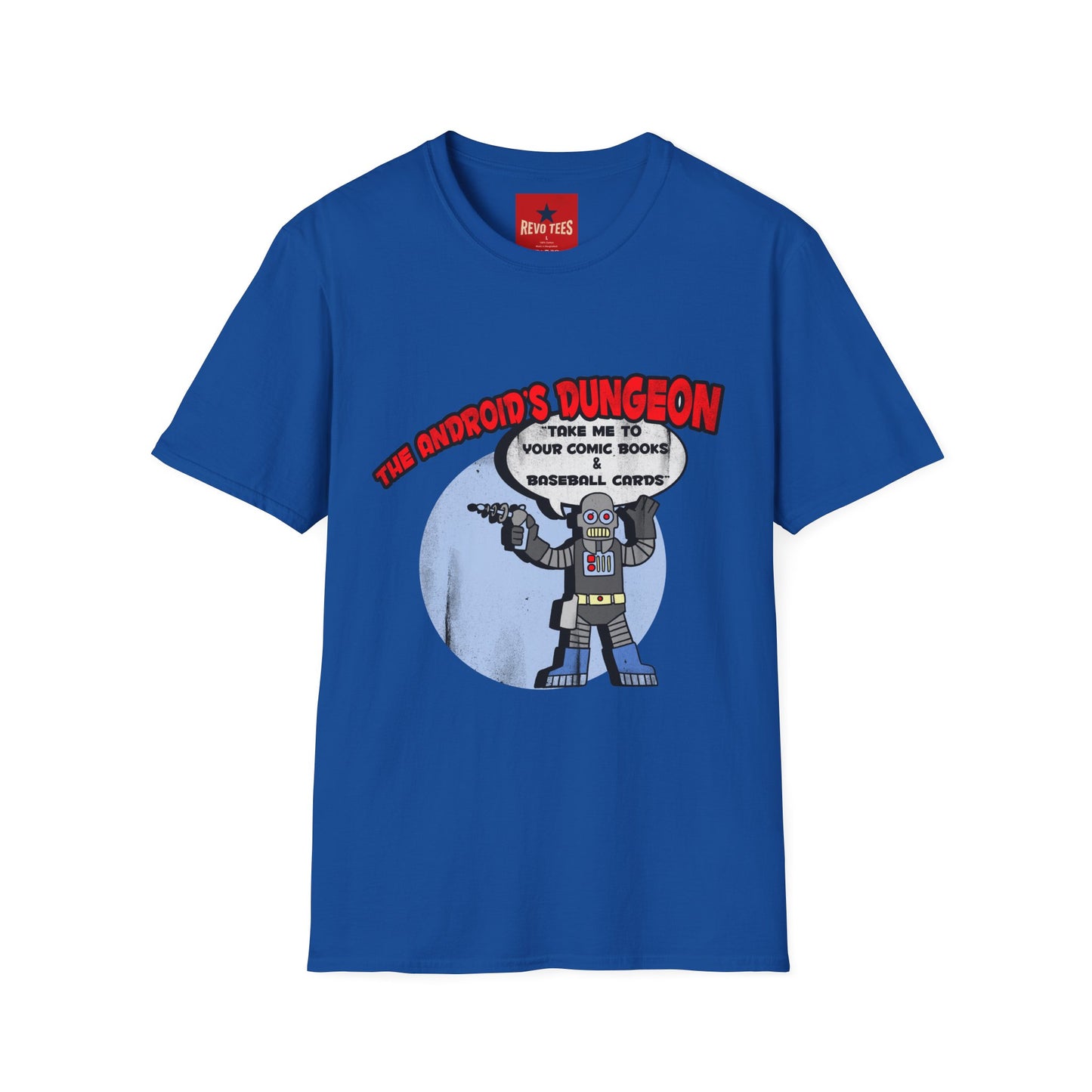 The Android's Dungeon T‑Shirt — 'Take Me to Your Comic Books & Baseball Cards' Retro Robot Tee