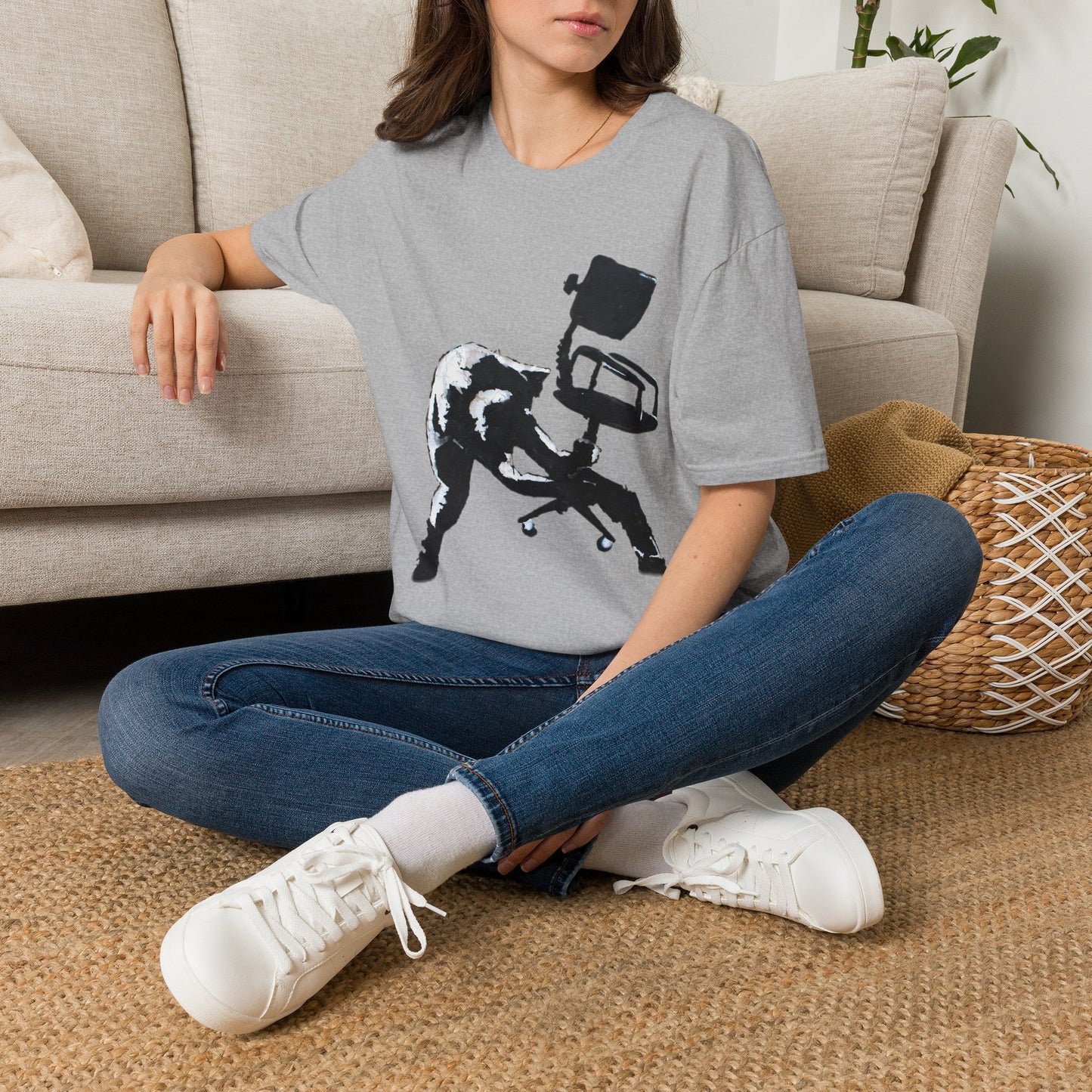 Banksy T-Shirt — Black Cat Tossing Office Chair Graphic Tee