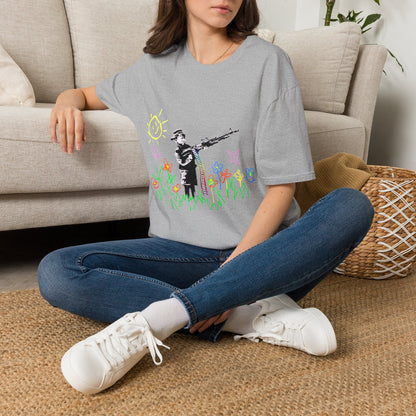 T-Shirt — Banksy Style Soldier with Childlike Doodle Flowers