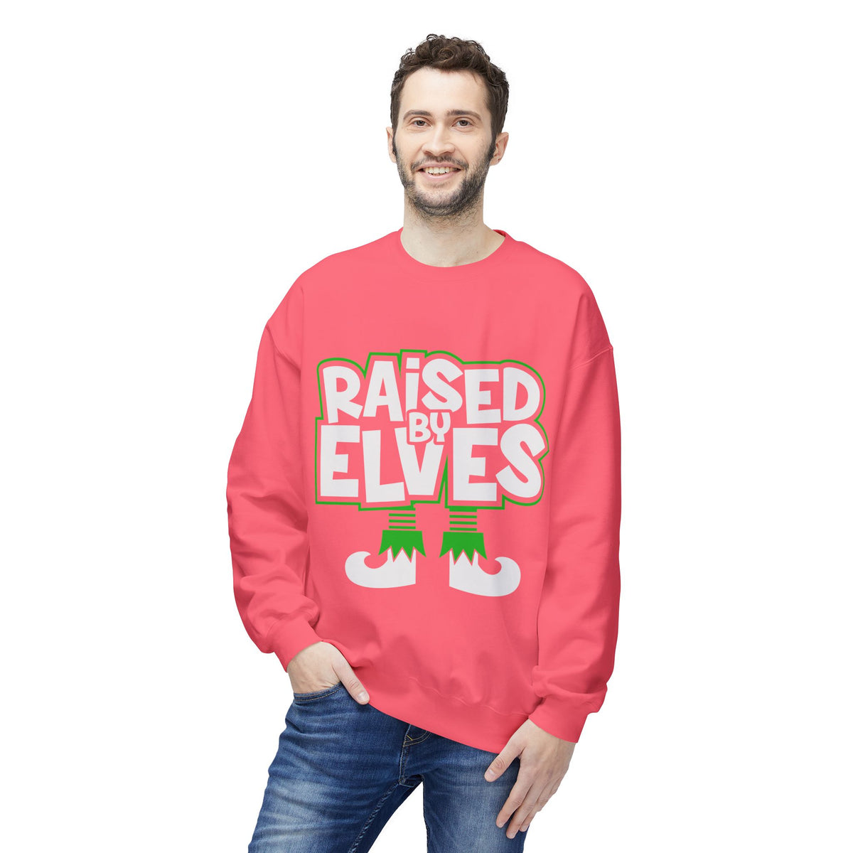 Raised by Elves Sweatshirt – Christmas Funny Holiday Crewneck