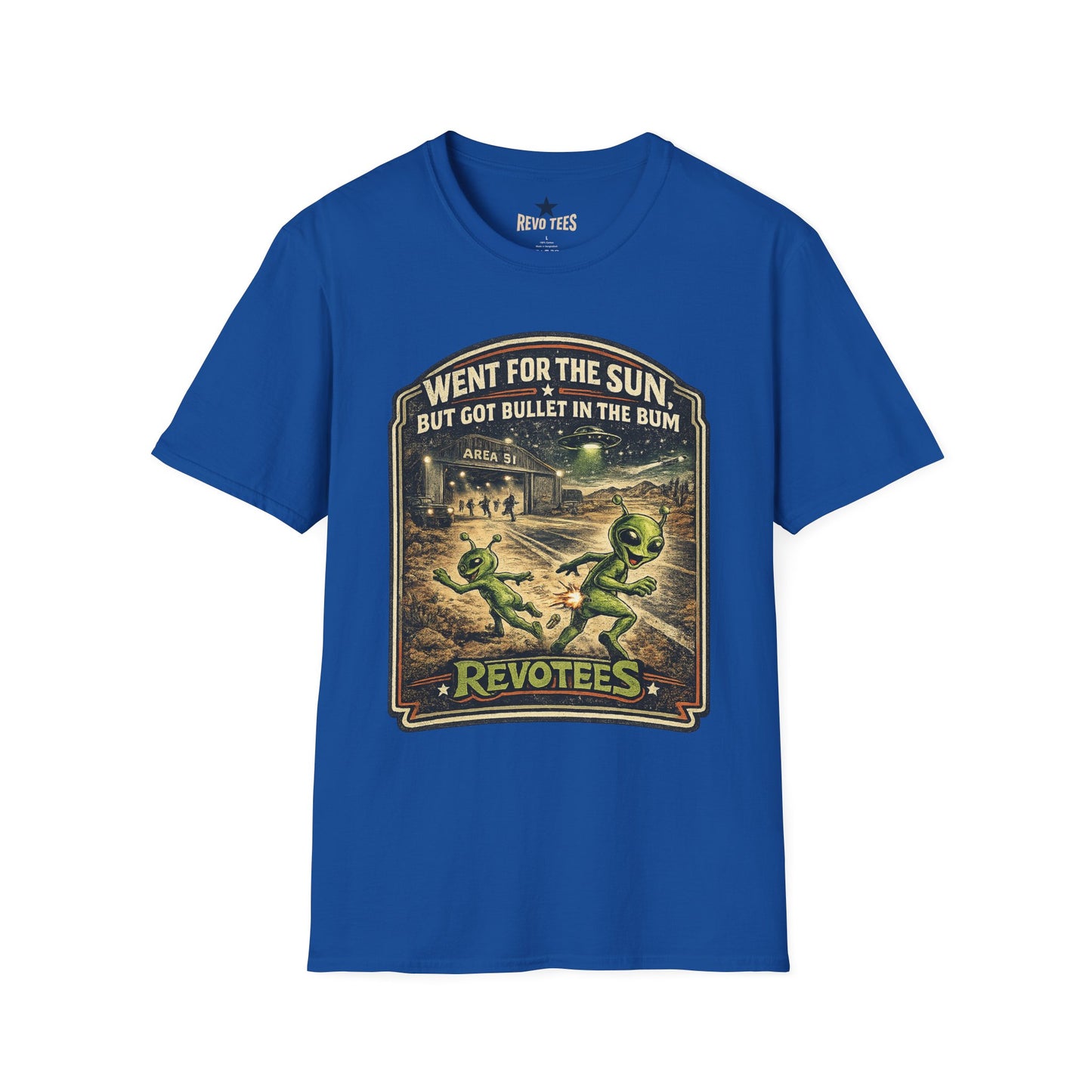 REVOTEES Alien Roadtrip Graphic Tee — "Went For The Sun But Got Bullet In The Bum"