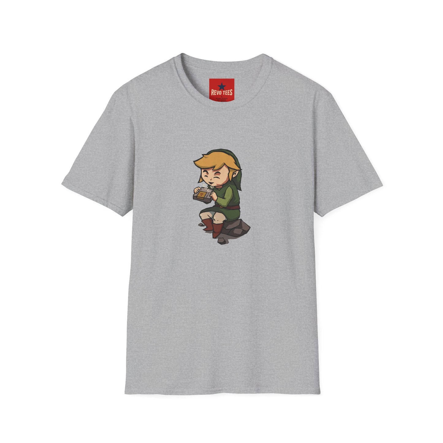 Link-Inspired Gamer Tee — Cute Chibi Hero Playing Handheld Console
