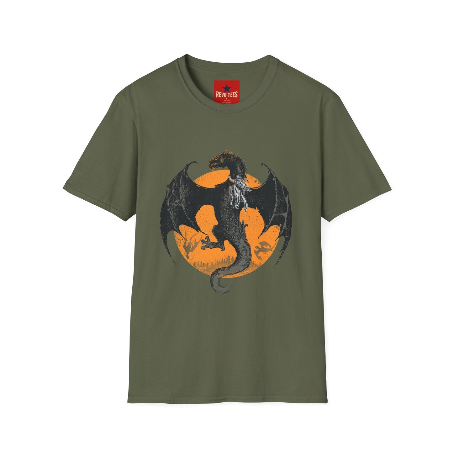 Dragon Moon T-Shirt — Black Dragon Silhouette with Orange Moon