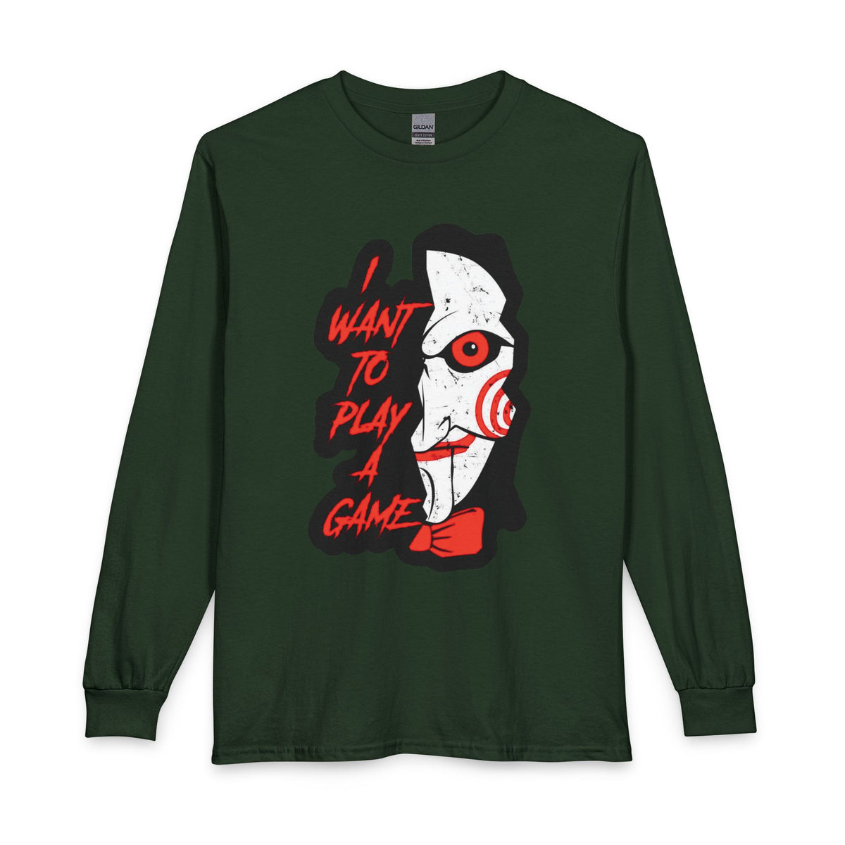 SAW - Horror Movie Long Sleeve Tee — "I Want to Play a Game" Jigsaw Puppet Graphic