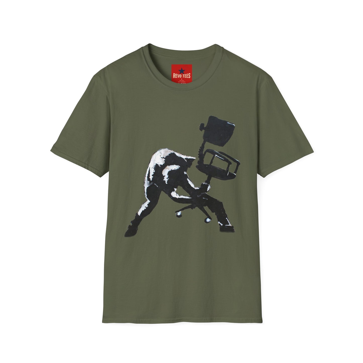 Banksy T-Shirt — Black Cat Tossing Office Chair Graphic Tee