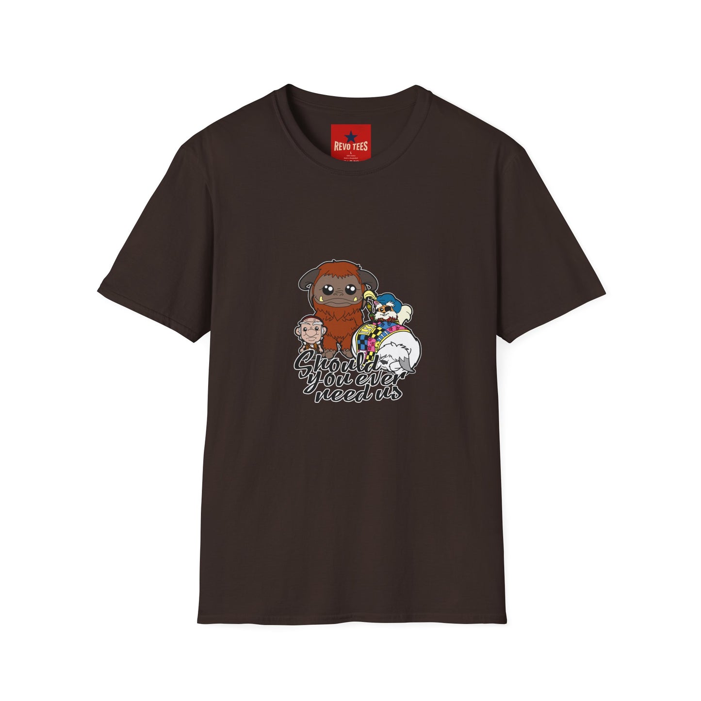 Cute Plush Creature T-Shirt — “Shoulder You Ever Need Us” Cartoon Group Tee