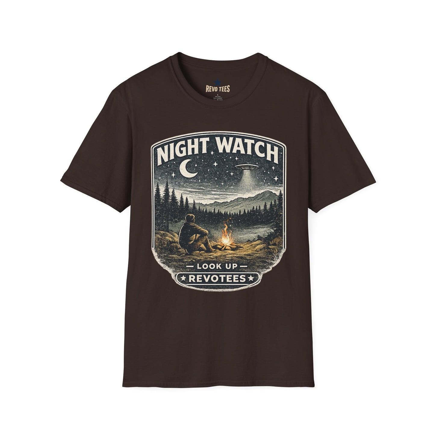 REVOTEES Night Watch T-Shirt — Vintage UFO Camping Graphic Tee ("Look Up")