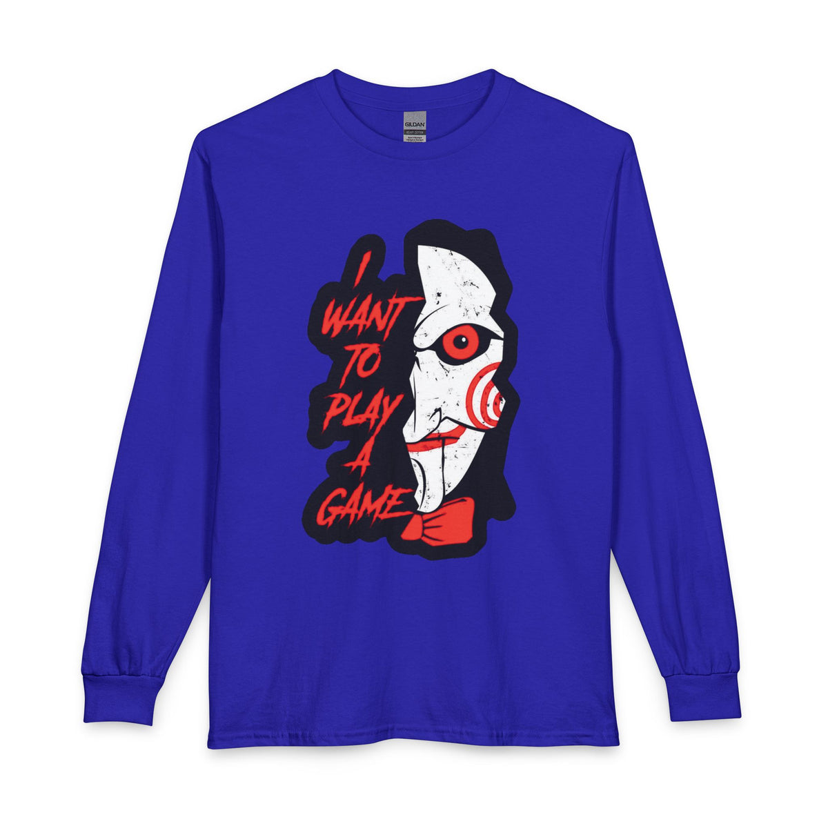 SAW - Horror Movie Long Sleeve Tee — "I Want to Play a Game" Jigsaw Puppet Graphic