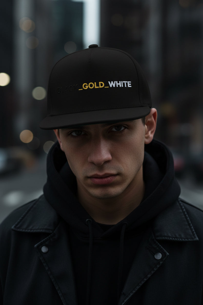 REVOTEES Embroidered Flat Bill Cap – BLACK_GOLD_WHITE Text with rear Gold Star