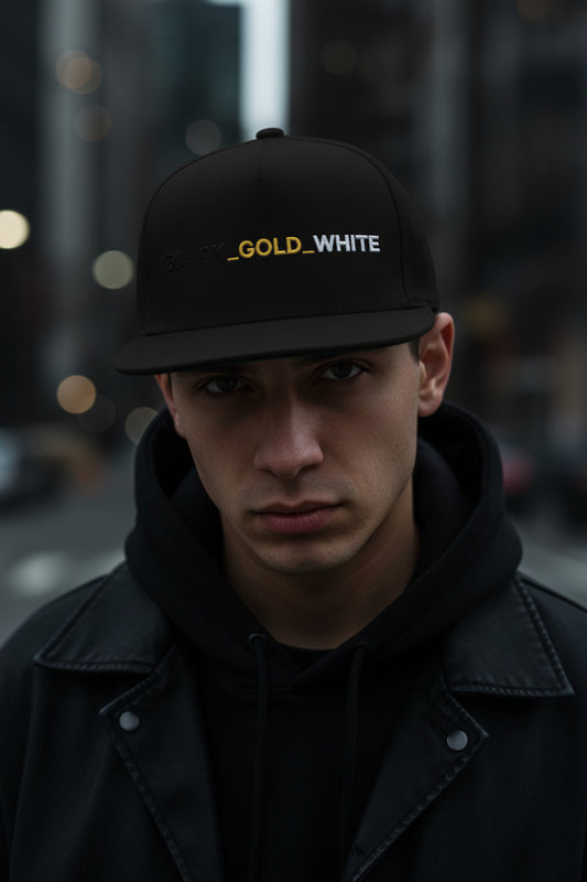 REVOTEES Embroidered Flat Bill Cap – BLACK_GOLD_WHITE Text with rear Gold Star