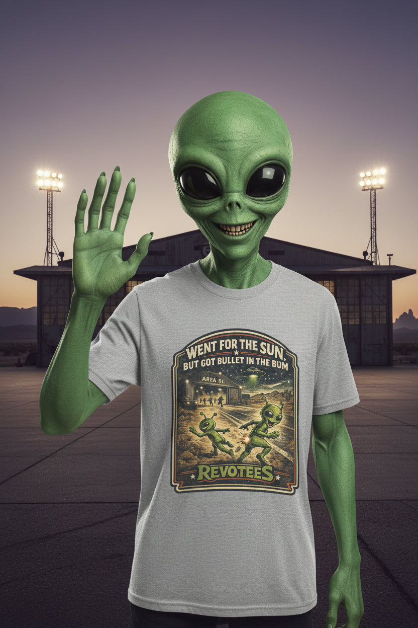 REVOTEES Alien Roadtrip Graphic Tee — "Went For The Sun But Got Bullet In The Bum"