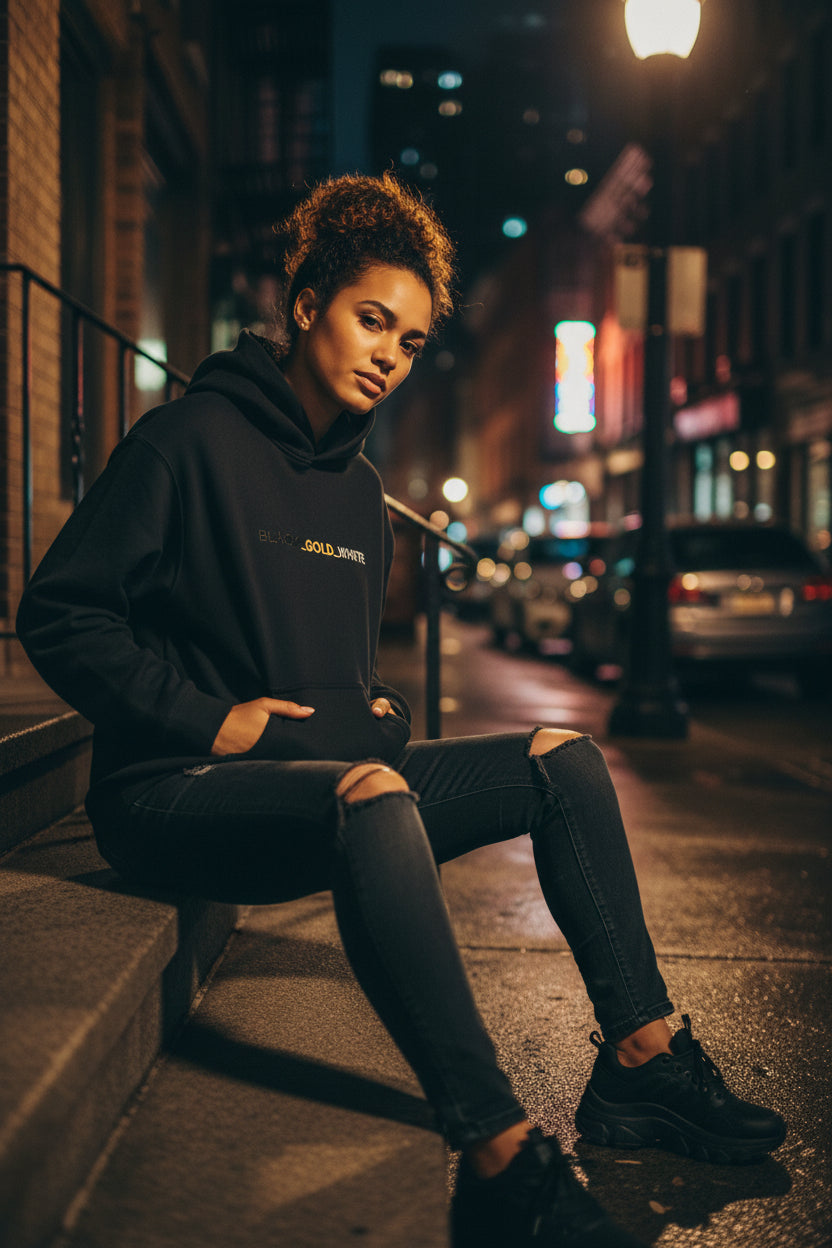 REVOTEES Black Gold White Embroidered Logo Hoodie front & sleeve