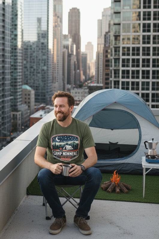 REVOTEES Camp Nowhere Vintage Camping T-Shirt — Starry Night Tent Graphic Tee