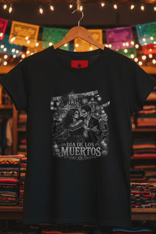 REVOTEES Festival Collection: Women's Black Dia De Los Muertos (Day of the Dead) T-Shirt in Black & White