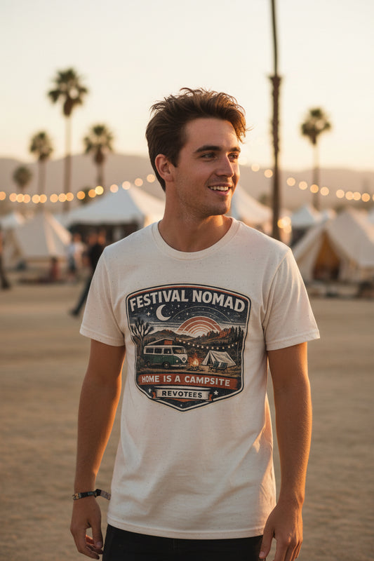 REVOTEES Festival Nomad Retro Camping Tee ("Home Is a Campsite")