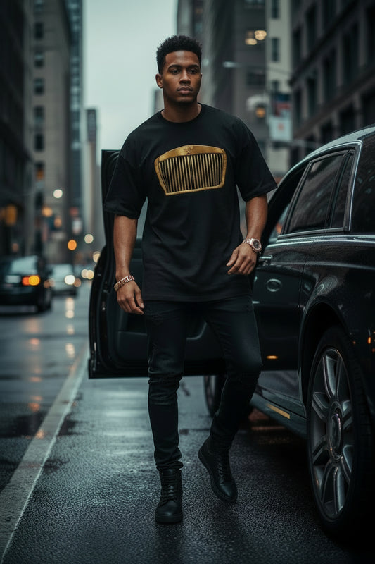 REVOTEES Gold Grill Graphic Tee — Luxury Car Emblem Oversized Men's T-Shirt