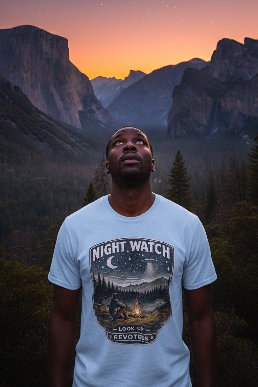 REVOTEES Night Watch T-Shirt — Vintage UFO Camping Graphic Tee ("Look Up")
