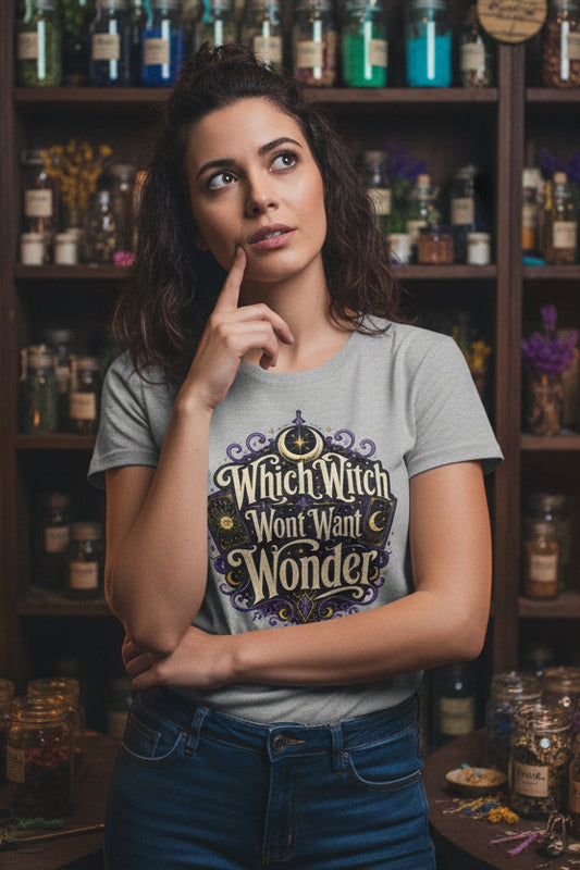 REVOTEES Women's Witchy Tee — "Which Witch Won't Want Wonder" Gothic Halloween Shirt