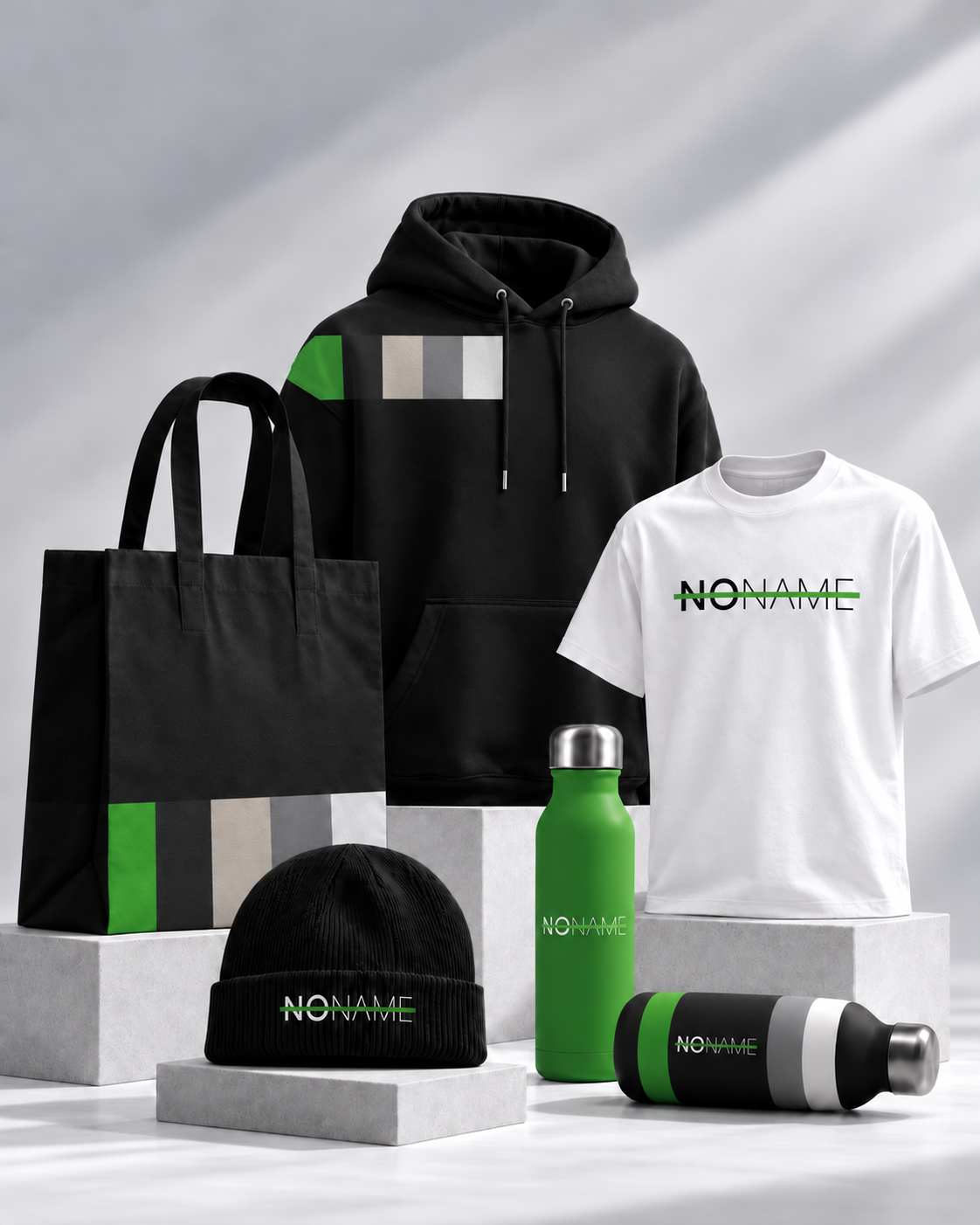 Creative merchandise collection with apparel, bag, beanie and drinkware